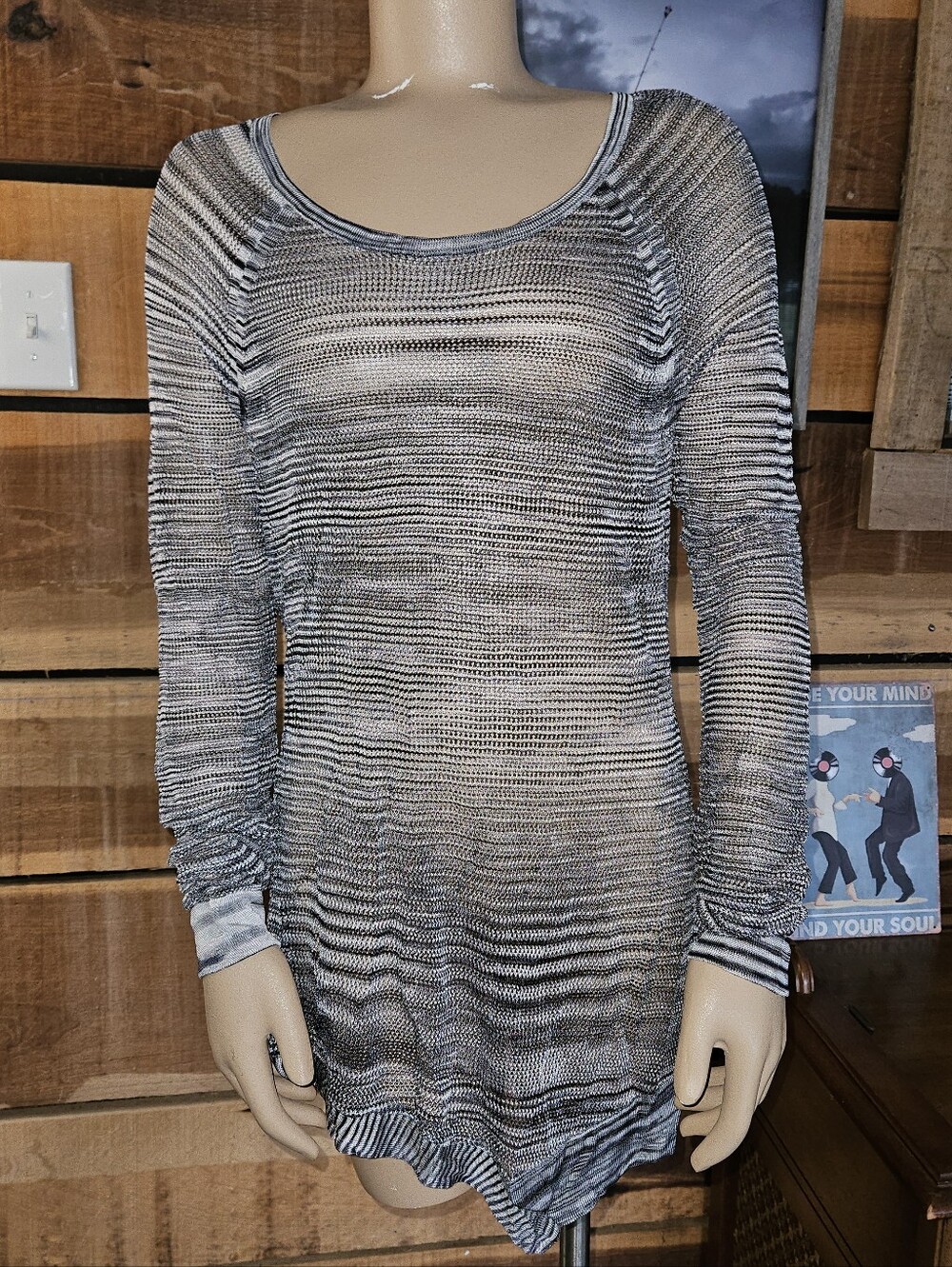 Rock & Republic Black and Grey Marled Stripe Open Knit Top Lg Grunge Punk Goth